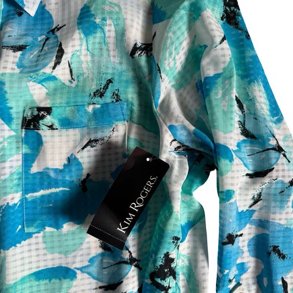 Kim Rogers Floral Button Front Blouse XL Blue White Roll Sleeve NWT - Picture 3 of 10